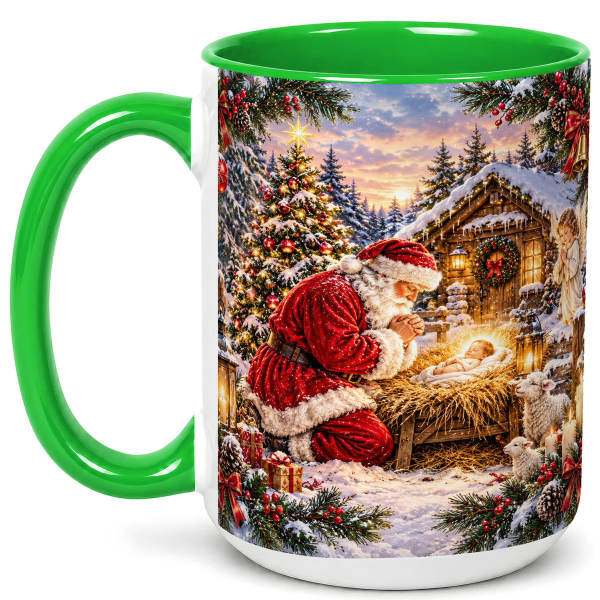 #pl[15oz|Green] Snowy Santa Nativity Coffee Mug, Christmas Scene Mug, Ceramic Cup