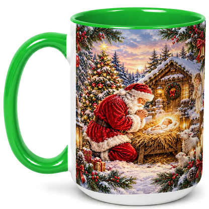 #pl[15oz|Green] Snowy Santa Nativity Coffee Mug, Christmas Scene Mug, Ceramic Cup