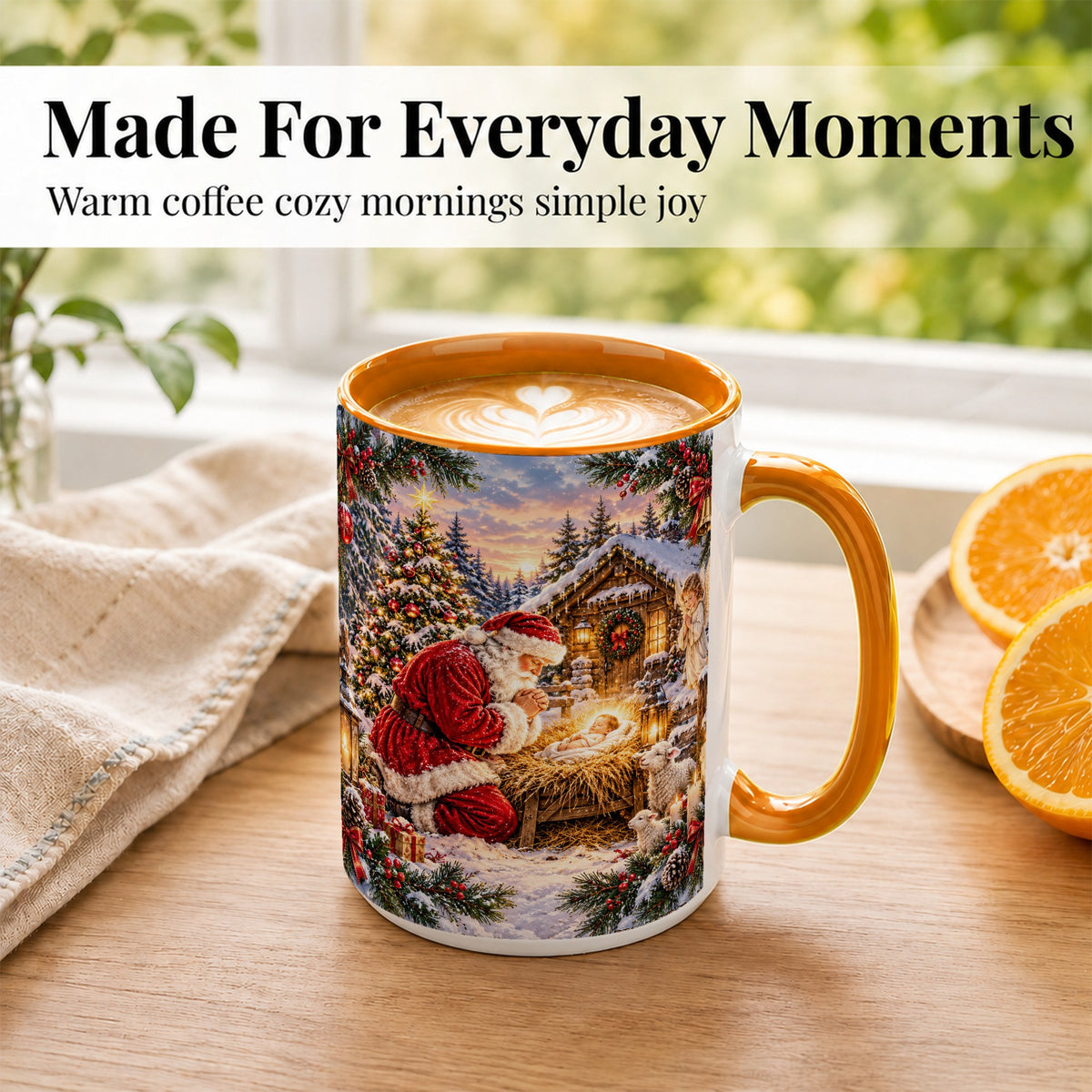 #pl[15oz|Orange] Snowy Santa Nativity Coffee Mug, Christmas Scene Mug, Ceramic Cup