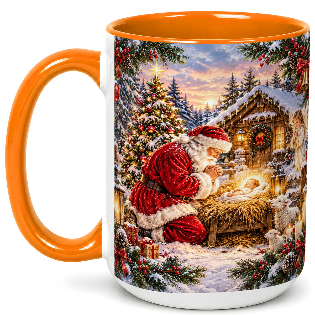 #pl[15oz|Orange] Snowy Santa Nativity Coffee Mug, Christmas Scene Mug, Ceramic Cup