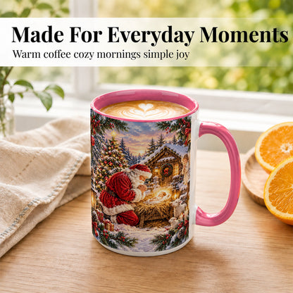 #pl[15oz|Pink] Snowy Santa Nativity Coffee Mug, Christmas Scene Mug, Ceramic Cup