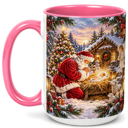 #pl[15oz|Pink] Snowy Santa Nativity Coffee Mug, Christmas Scene Mug, Ceramic Cup