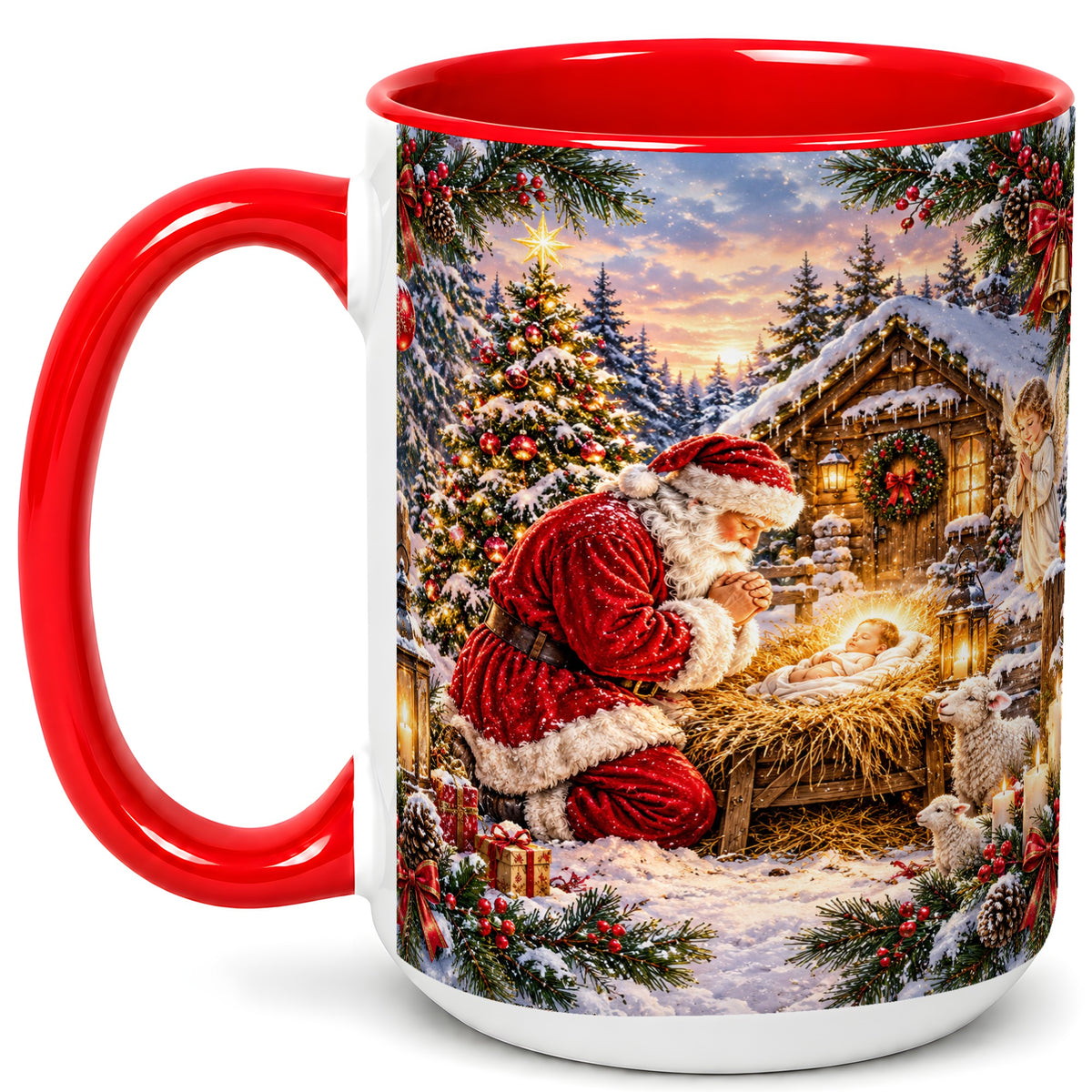 #pl[15oz|Red] Snowy Santa Nativity Coffee Mug, Christmas Scene Mug, Ceramic Cup