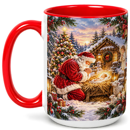 #pl[15oz|Red] Snowy Santa Nativity Coffee Mug, Christmas Scene Mug, Ceramic Cup