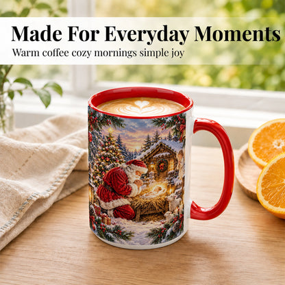 #pl[15oz|Red] Snowy Santa Nativity Coffee Mug, Christmas Scene Mug, Ceramic Cup