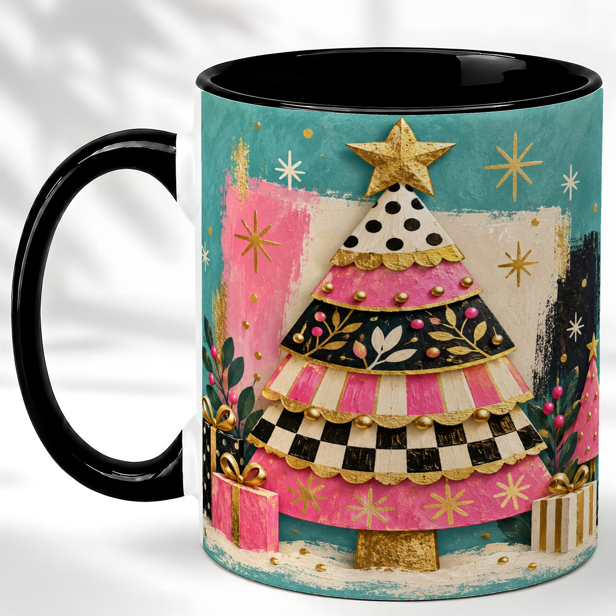#pl[11oz|Black] Pink Christmas Tree Coffee Mug, Festive Tree Mug, Ceramic Cup