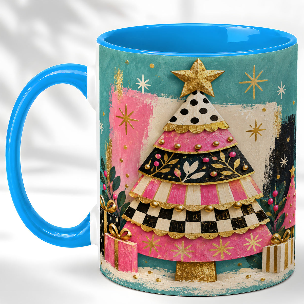 #pl[11oz|Blue] Pink Christmas Tree Coffee Mug, Festive Tree Mug, Ceramic Cup