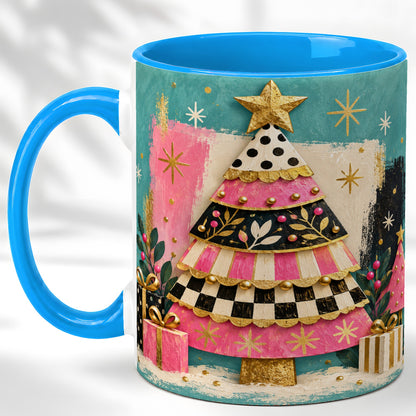 #pl[11oz|Blue] Pink Christmas Tree Coffee Mug, Festive Tree Mug, Ceramic Cup