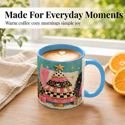 #pl[11oz|Blue] Pink Christmas Tree Coffee Mug, Festive Tree Mug, Ceramic Cup