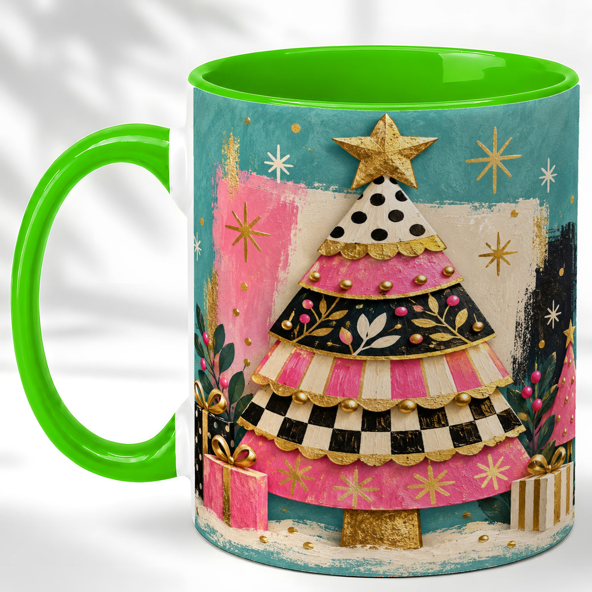 #pl[11oz|Green] Pink Christmas Tree Coffee Mug, Festive Tree Mug, Ceramic Cup