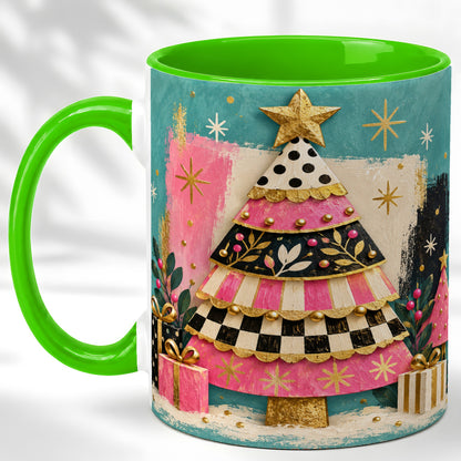 #pl[11oz|Green] Pink Christmas Tree Coffee Mug, Festive Tree Mug, Ceramic Cup
