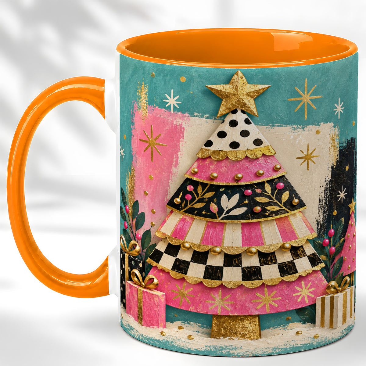 #pl[11oz|Orange] Pink Christmas Tree Coffee Mug, Festive Tree Mug, Ceramic Cup