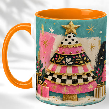 #pl[11oz|Orange] Pink Christmas Tree Coffee Mug, Festive Tree Mug, Ceramic Cup