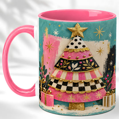 #pl[11oz|Pink] Pink Christmas Tree Coffee Mug, Festive Tree Mug, Ceramic Cup
