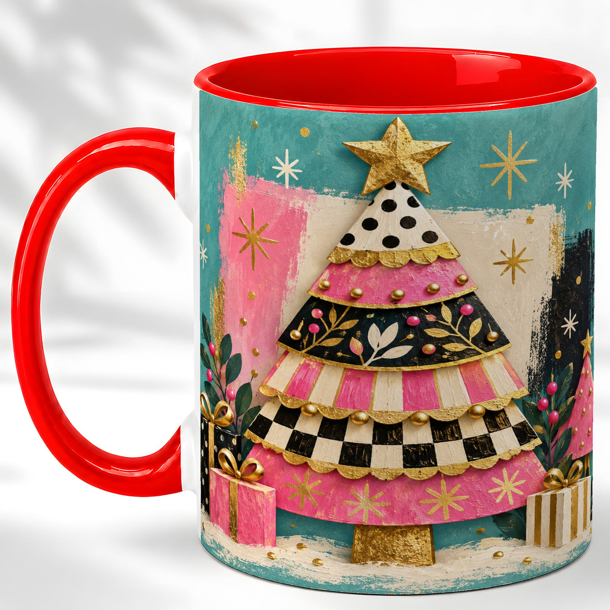 Pink Christmas Tree Coffee Mug, Festive Tree Mug, Ceramic Cup