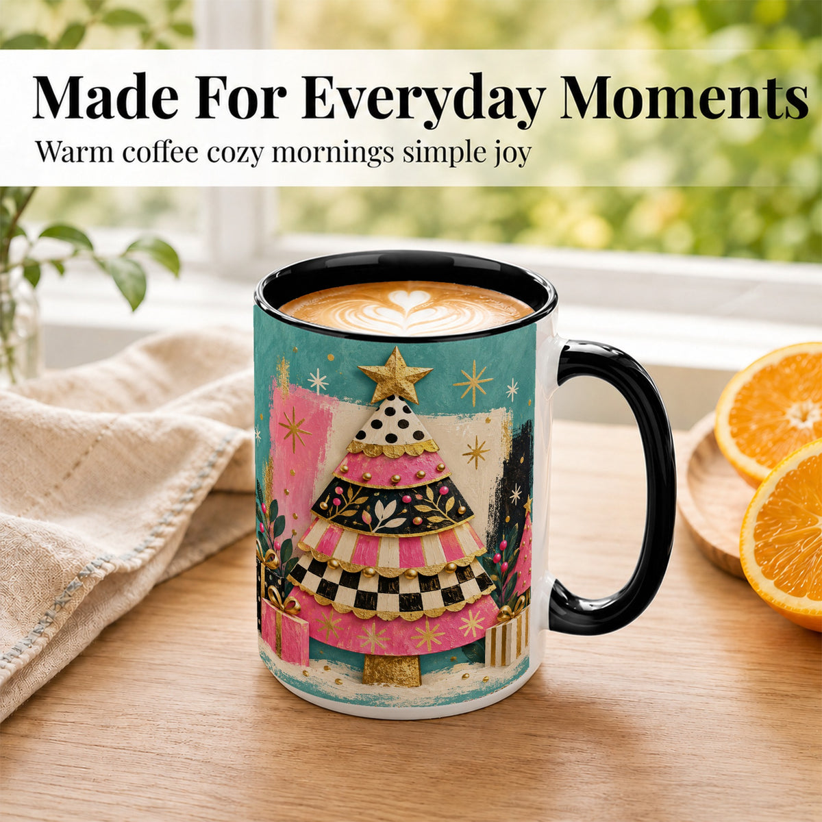 #pl[15oz|Black] Pink Christmas Tree Coffee Mug, Festive Tree Mug, Ceramic Cup