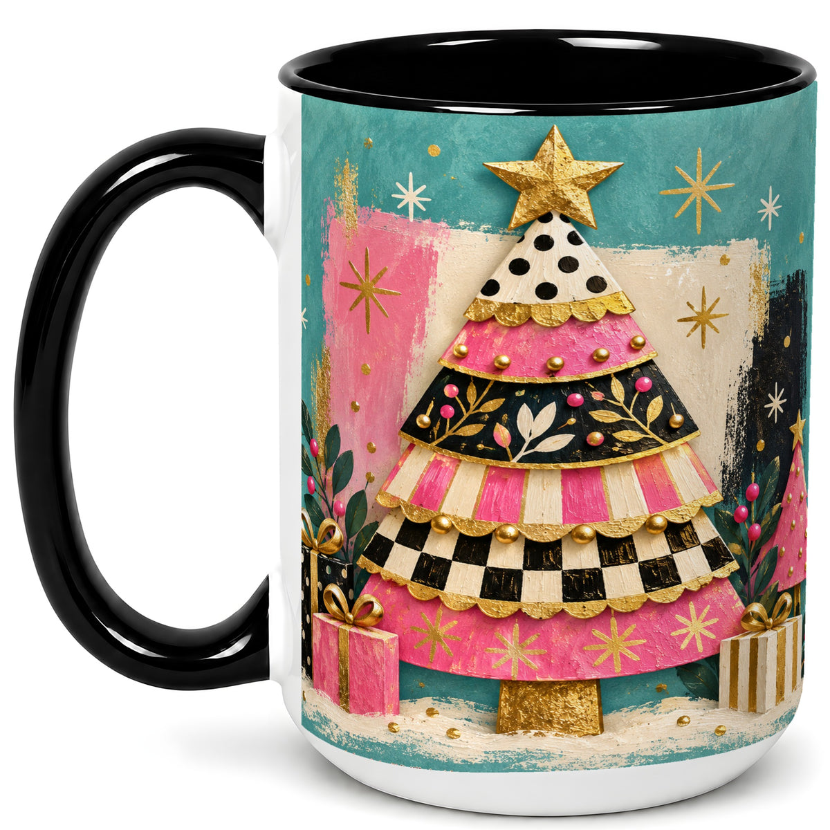 #pl[15oz|Black] Pink Christmas Tree Coffee Mug, Festive Tree Mug, Ceramic Cup