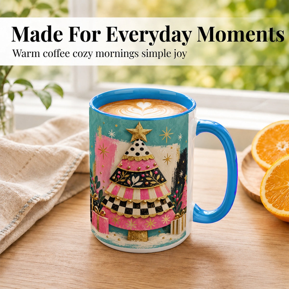 #pl[15oz|Blue] Pink Christmas Tree Coffee Mug, Festive Tree Mug, Ceramic Cup
