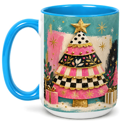 #pl[15oz|Blue] Pink Christmas Tree Coffee Mug, Festive Tree Mug, Ceramic Cup