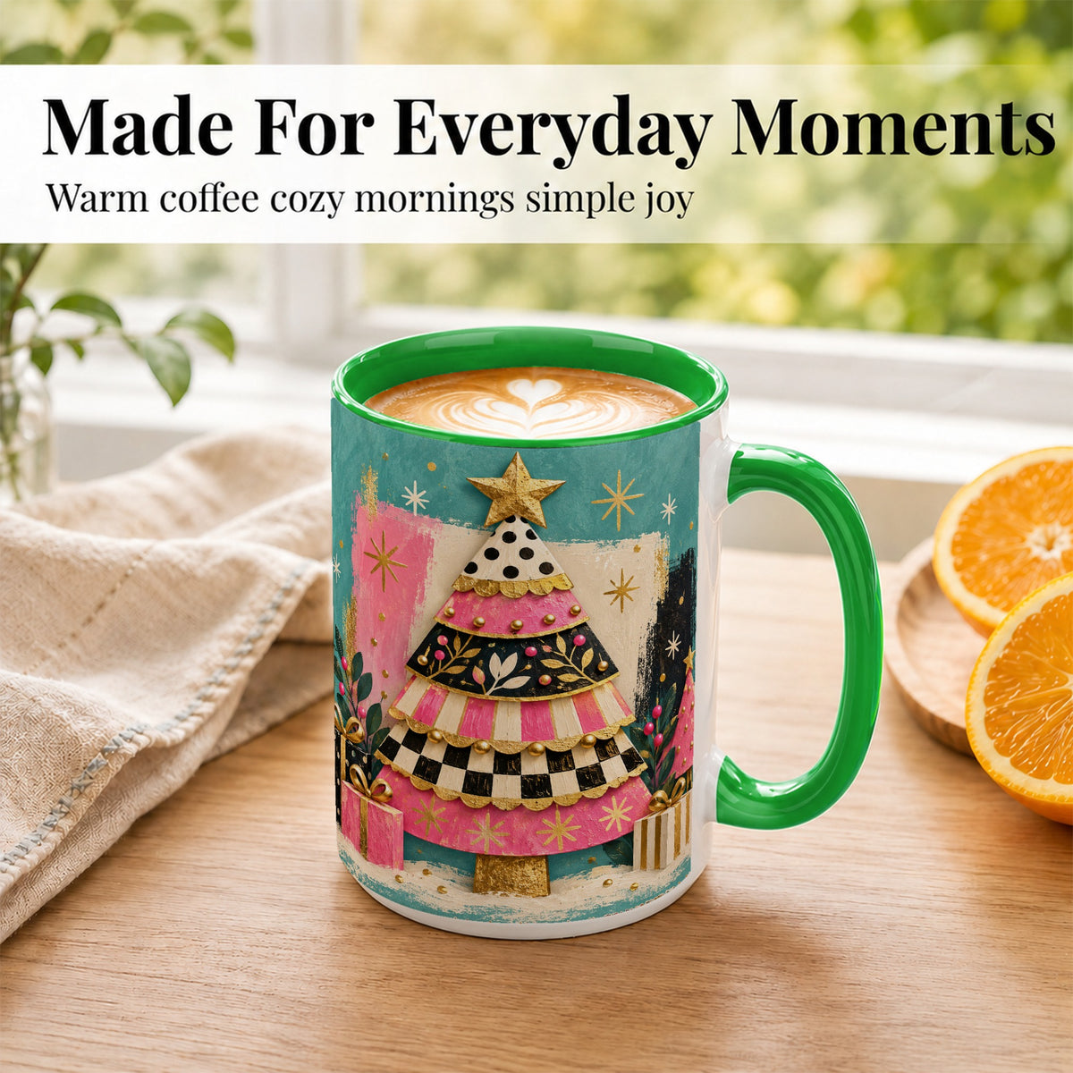 #pl[15oz|Green] Pink Christmas Tree Coffee Mug, Festive Tree Mug, Ceramic Cup