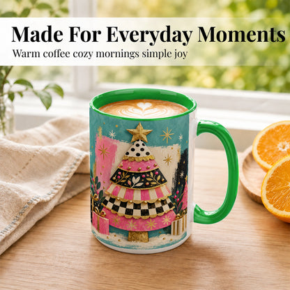 #pl[15oz|Green] Pink Christmas Tree Coffee Mug, Festive Tree Mug, Ceramic Cup