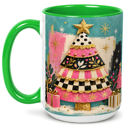 #pl[15oz|Green] Pink Christmas Tree Coffee Mug, Festive Tree Mug, Ceramic Cup