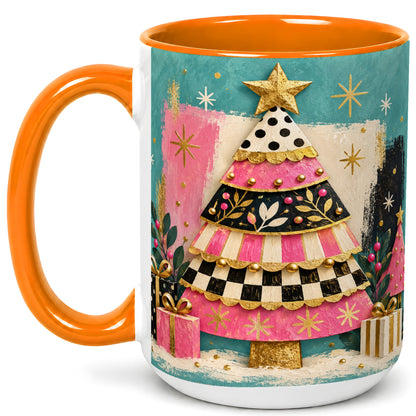 #pl[15oz|Orange] Pink Christmas Tree Coffee Mug, Festive Tree Mug, Ceramic Cup