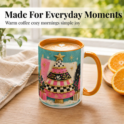 #pl[15oz|Orange] Pink Christmas Tree Coffee Mug, Festive Tree Mug, Ceramic Cup