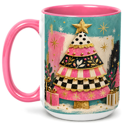#pl[15oz|Pink] Pink Christmas Tree Coffee Mug, Festive Tree Mug, Ceramic Cup