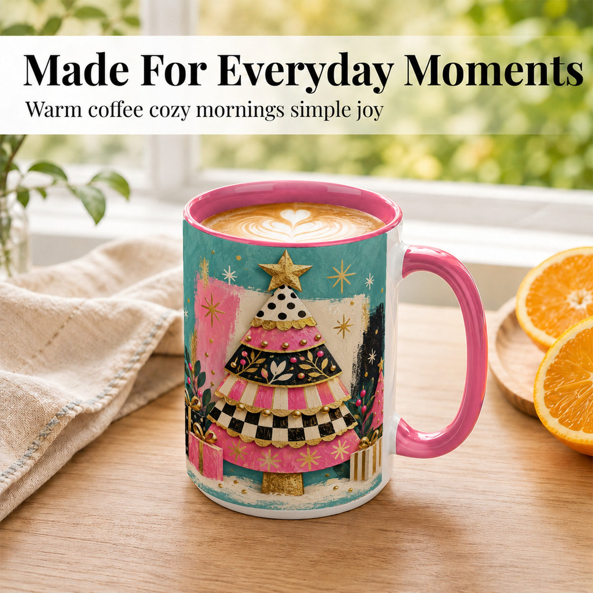 #pl[15oz|Pink] Pink Christmas Tree Coffee Mug, Festive Tree Mug, Ceramic Cup