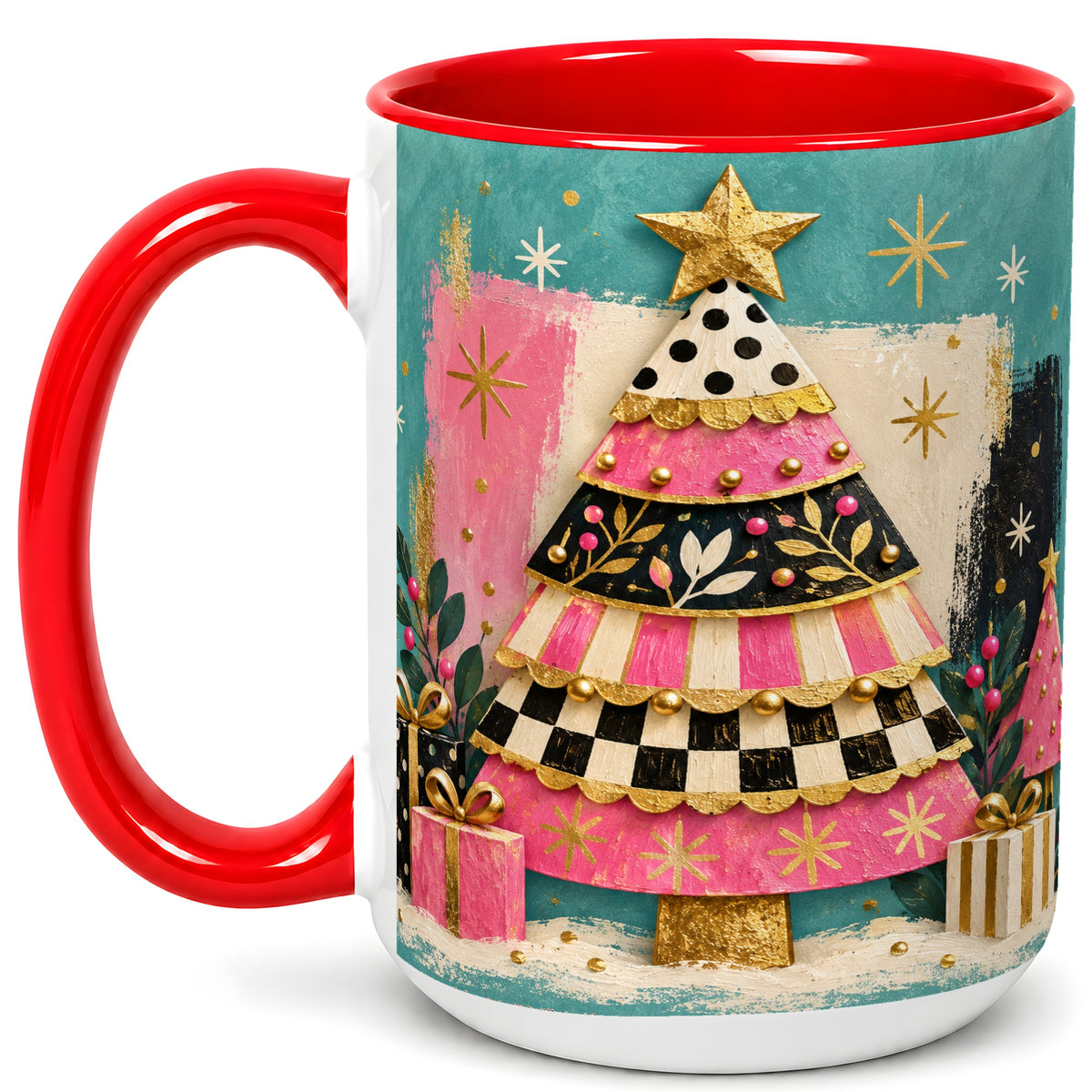 #pl[15oz|Red] Pink Christmas Tree Coffee Mug, Festive Tree Mug, Ceramic Cup
