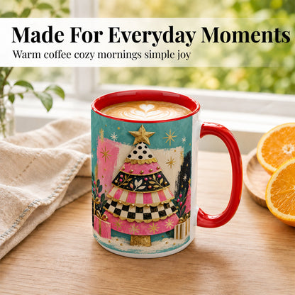 #pl[15oz|Red] Pink Christmas Tree Coffee Mug, Festive Tree Mug, Ceramic Cup