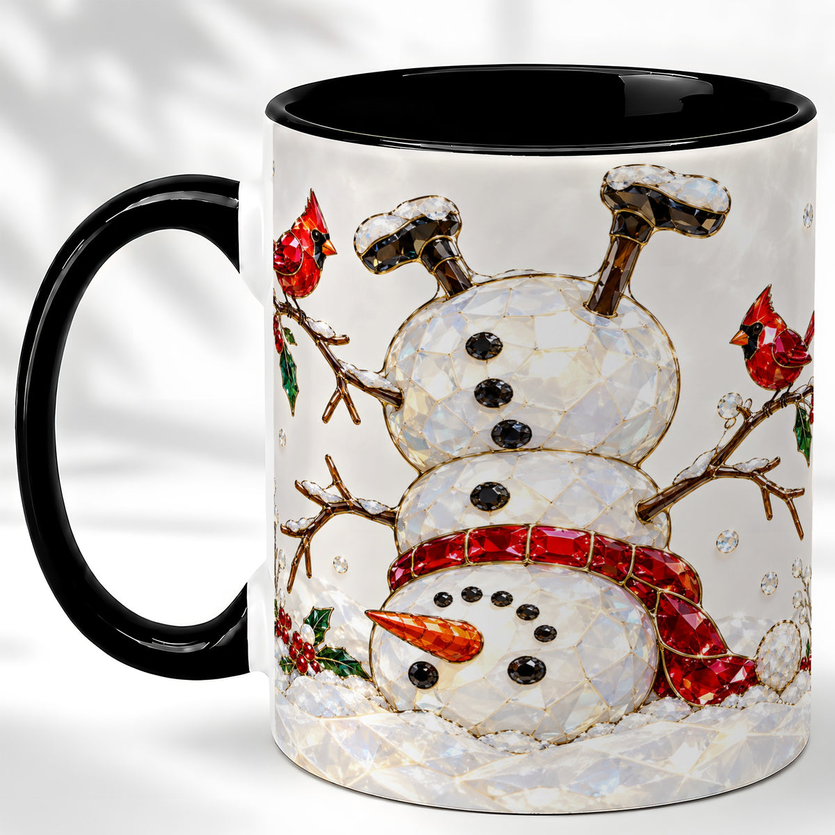 #pl[11oz|Black] Sparkling Snowman Coffee Mug, Cardinal Winter Mug, Ceramic Cup