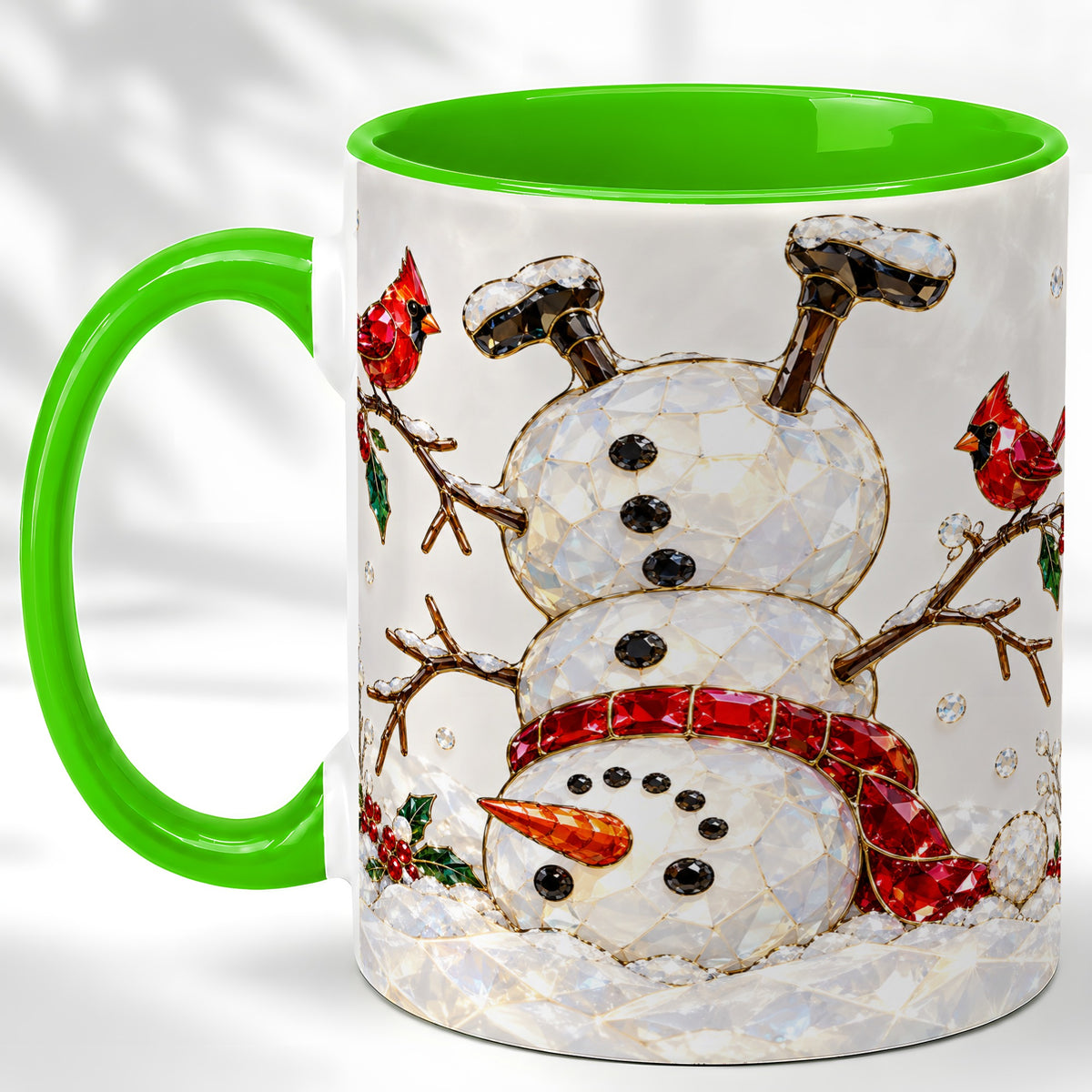 #pl[11oz|Green] Sparkling Snowman Coffee Mug, Cardinal Winter Mug, Ceramic Cup