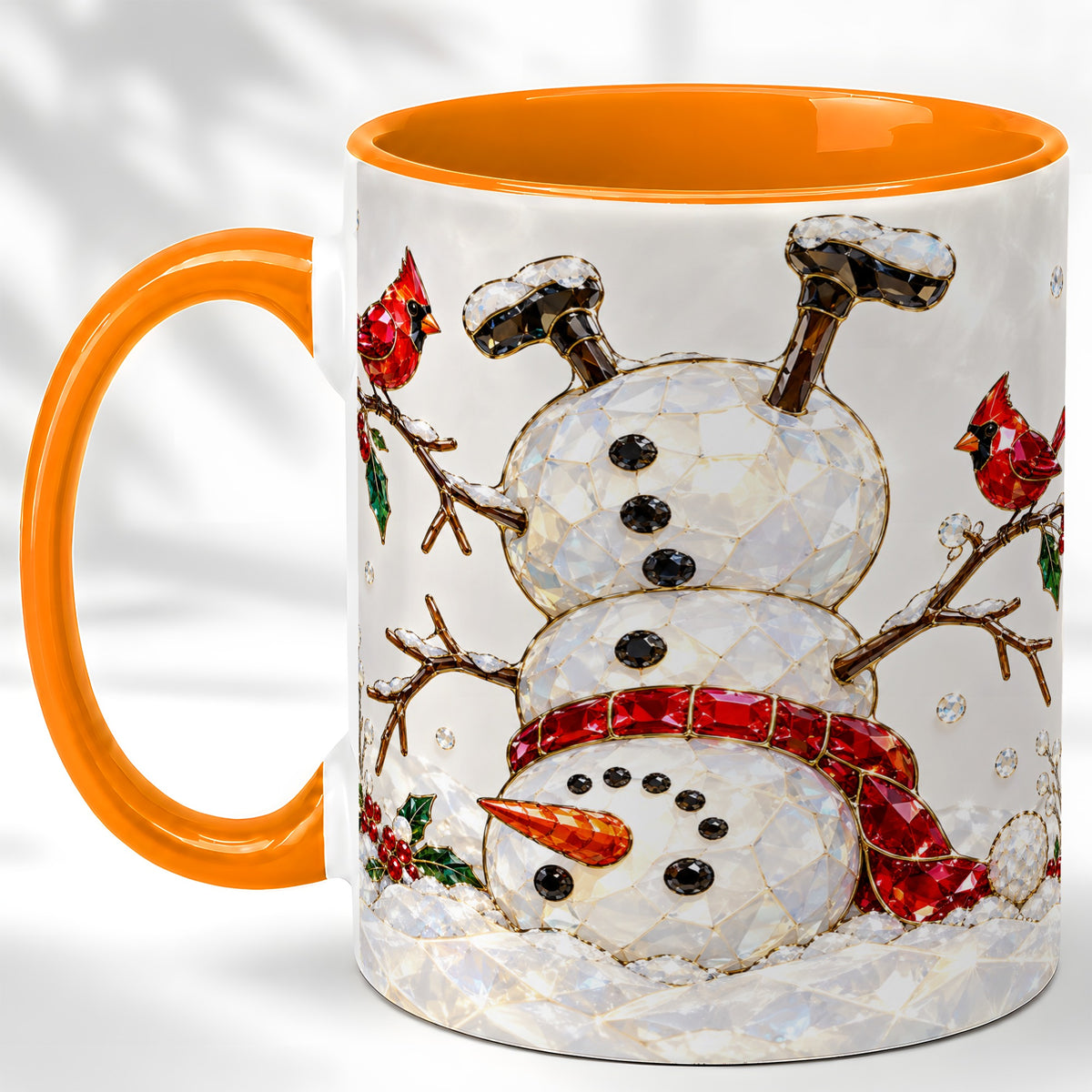 #pl[11oz|Orange] Sparkling Snowman Coffee Mug, Cardinal Winter Mug, Ceramic Cup