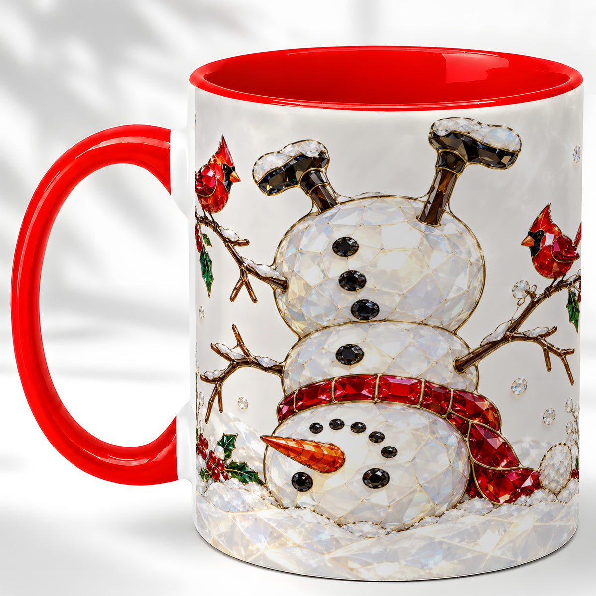 Sparkling Snowman Coffee Mug, Cardinal Winter Mug, Ceramic Cup