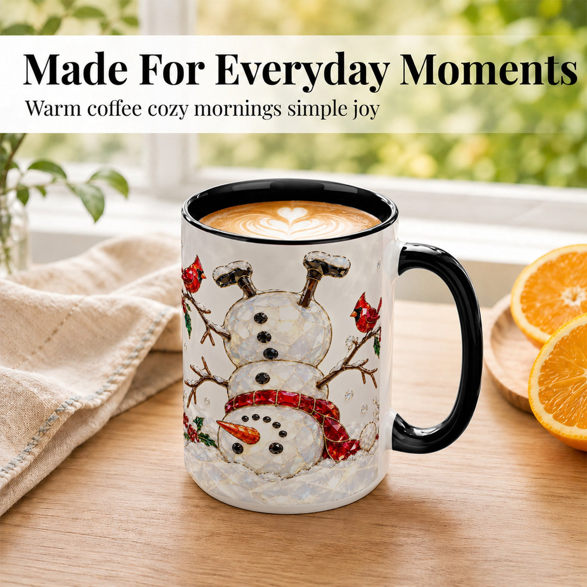 #pl[15oz|Black] Sparkling Snowman Coffee Mug, Cardinal Winter Mug, Ceramic Cup