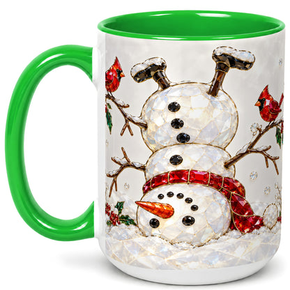 #pl[15oz|Green] Sparkling Snowman Coffee Mug, Cardinal Winter Mug, Ceramic Cup