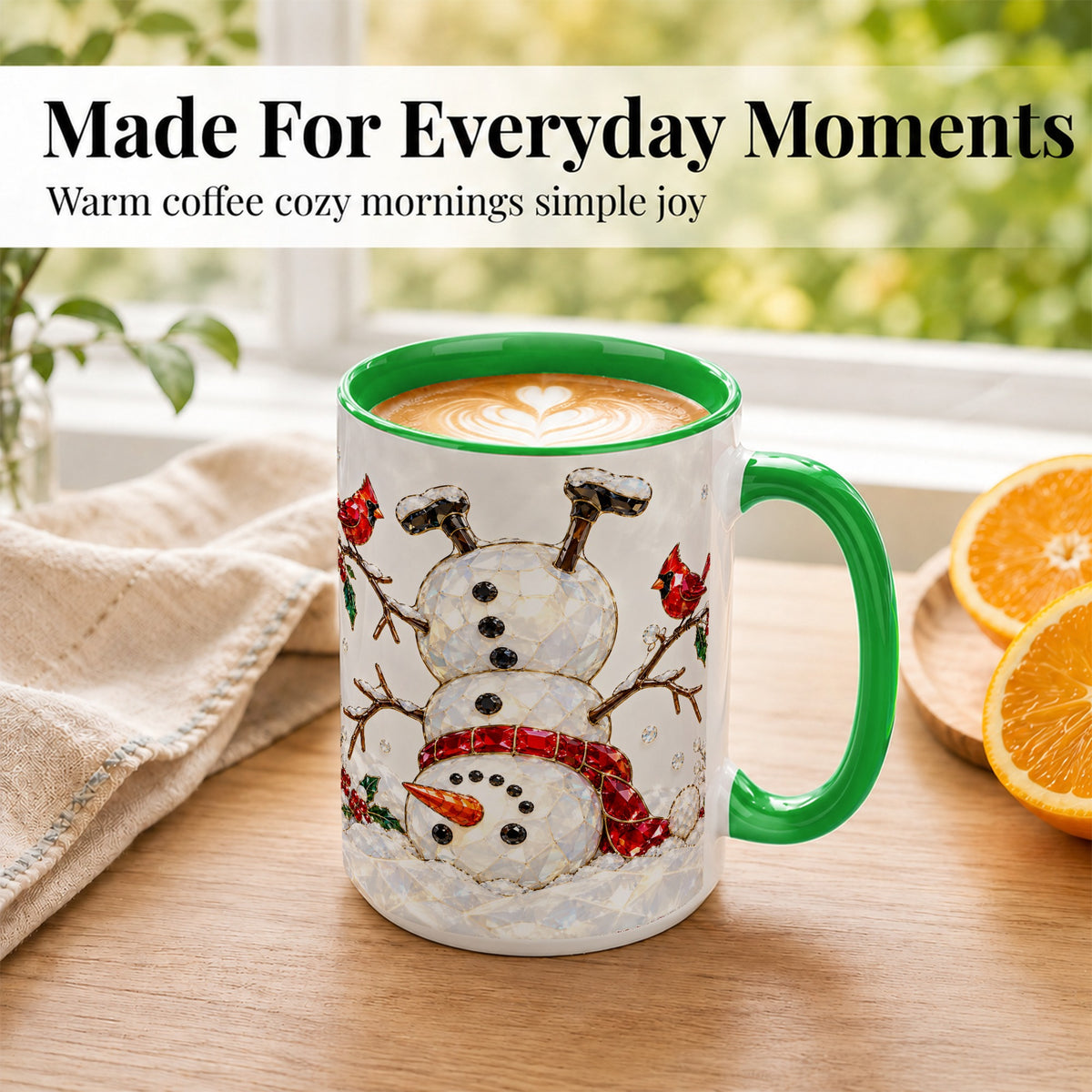 #pl[15oz|Green] Sparkling Snowman Coffee Mug, Cardinal Winter Mug, Ceramic Cup