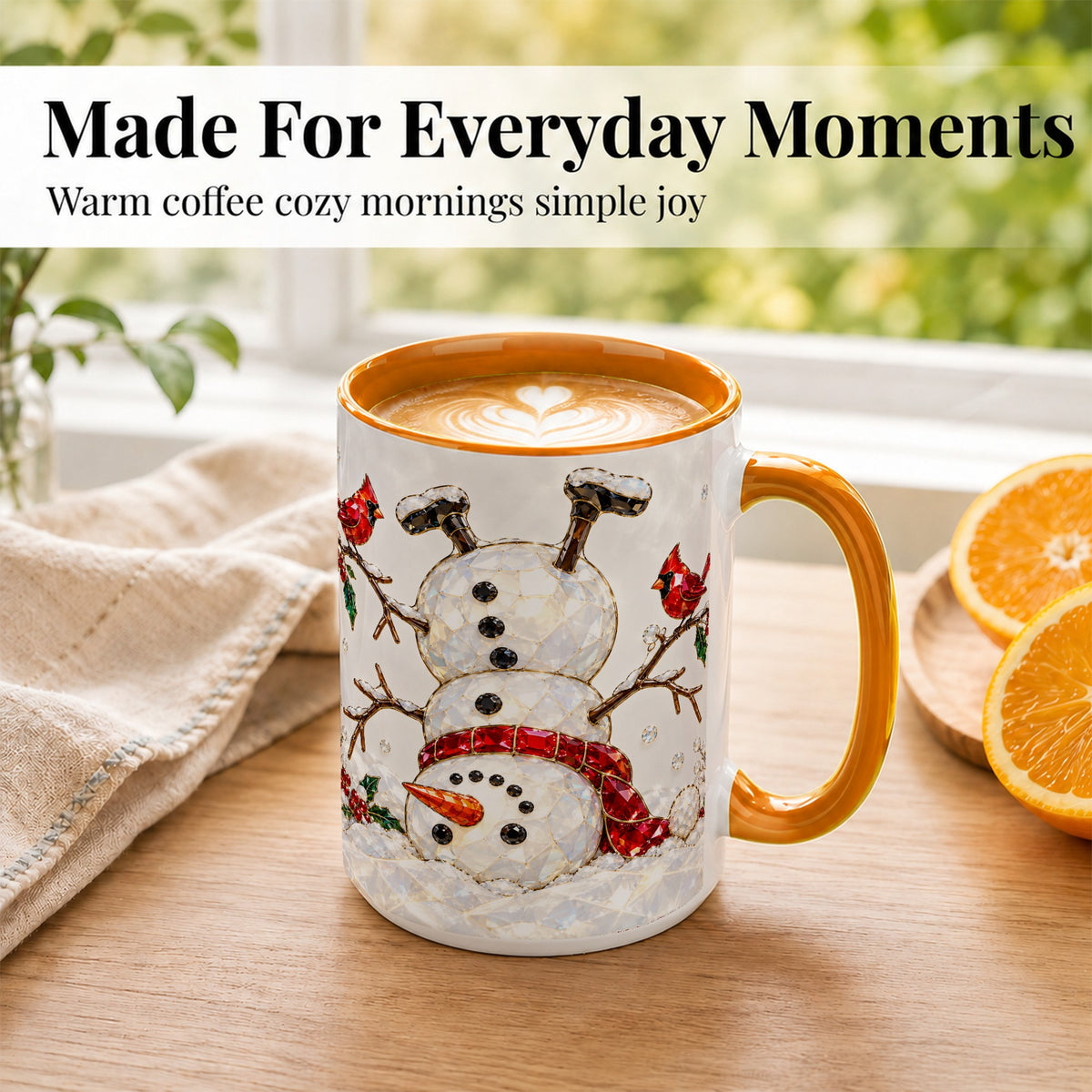 #pl[15oz|Orange] Sparkling Snowman Coffee Mug, Cardinal Winter Mug, Ceramic Cup