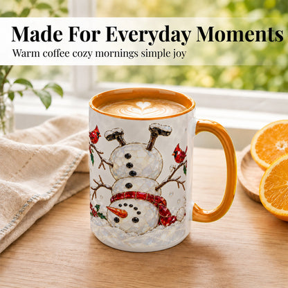 #pl[15oz|Orange] Sparkling Snowman Coffee Mug, Cardinal Winter Mug, Ceramic Cup