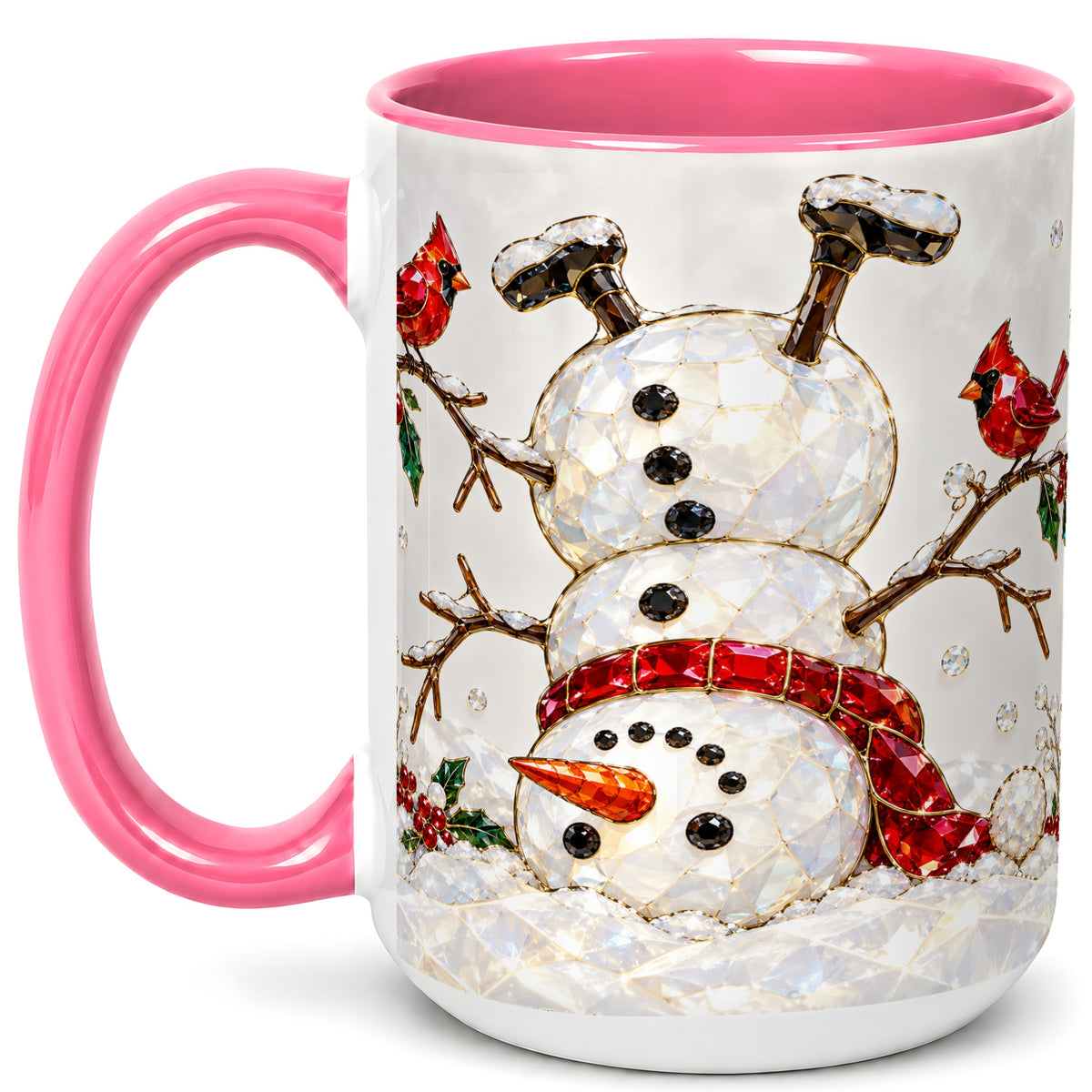 #pl[15oz|Pink] Sparkling Snowman Coffee Mug, Cardinal Winter Mug, Ceramic Cup