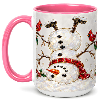 #pl[15oz|Pink] Sparkling Snowman Coffee Mug, Cardinal Winter Mug, Ceramic Cup