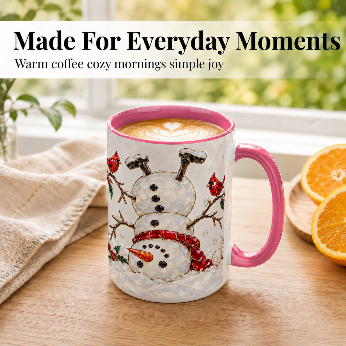 #pl[15oz|Pink] Sparkling Snowman Coffee Mug, Cardinal Winter Mug, Ceramic Cup