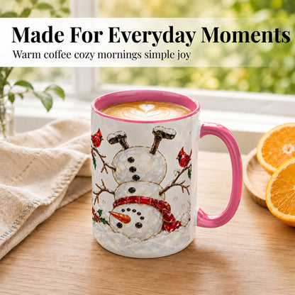 #pl[15oz|Pink] Sparkling Snowman Coffee Mug, Cardinal Winter Mug, Ceramic Cup