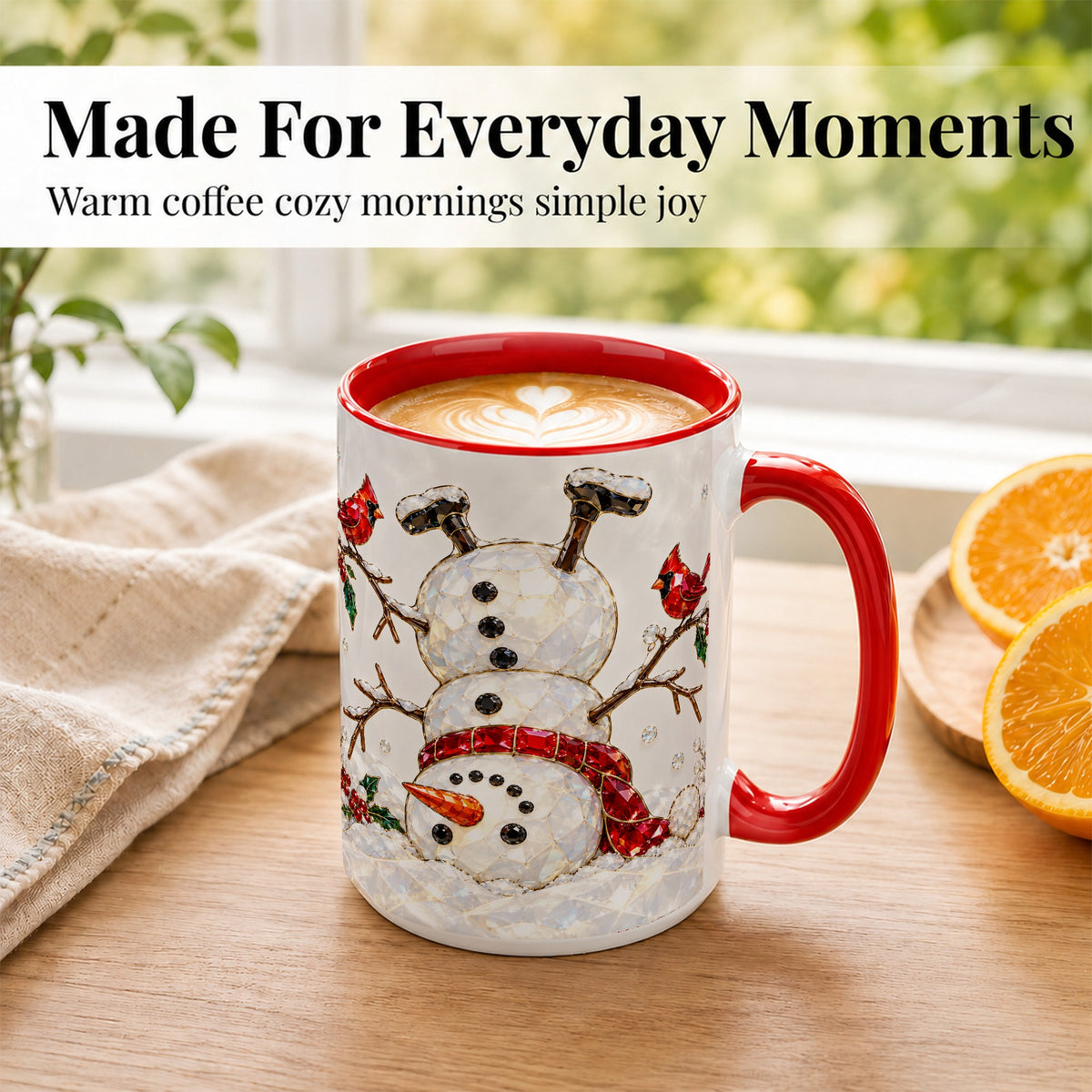 #pl[15oz|Red] Sparkling Snowman Coffee Mug, Cardinal Winter Mug, Ceramic Cup