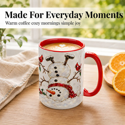 #pl[15oz|Red] Sparkling Snowman Coffee Mug, Cardinal Winter Mug, Ceramic Cup