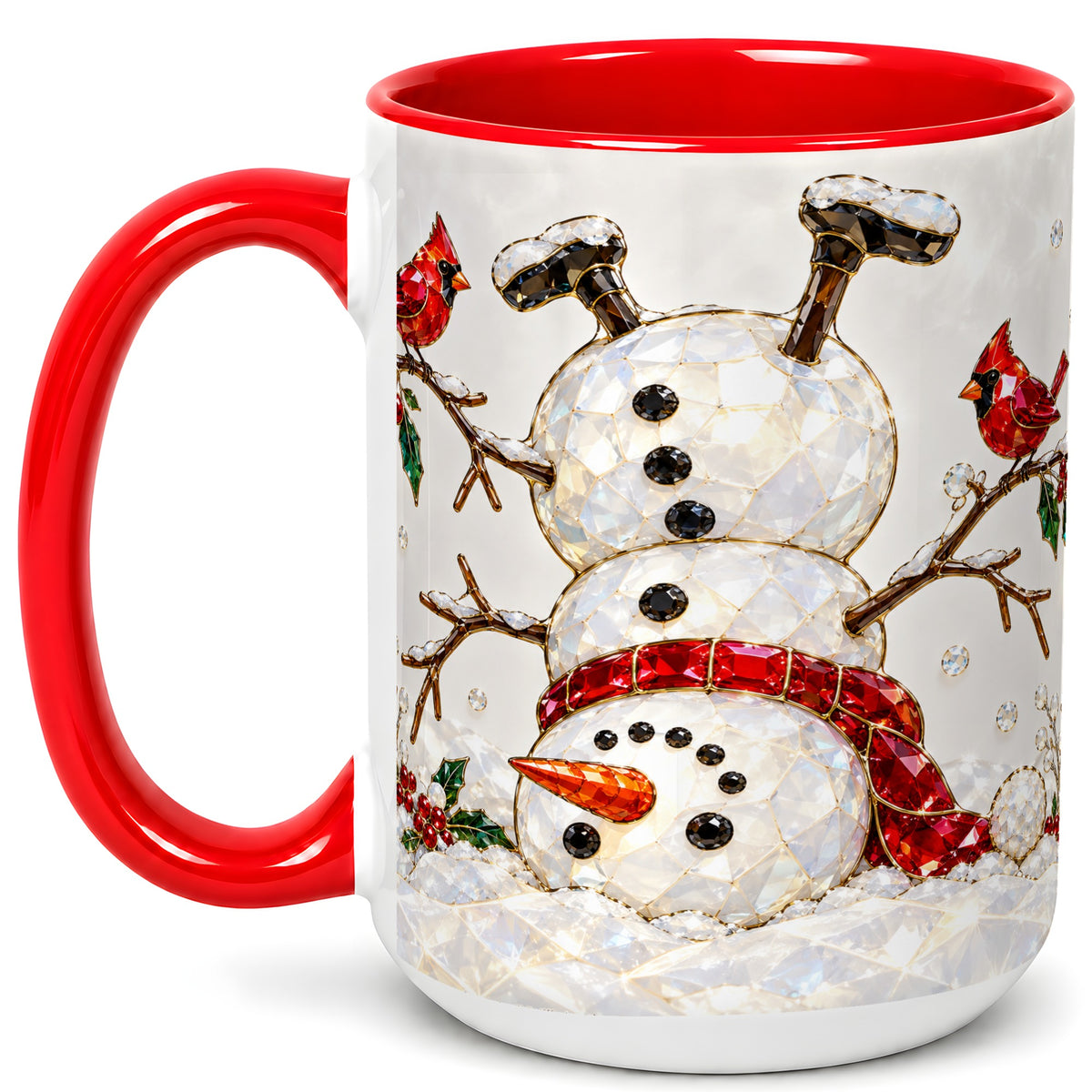 #pl[15oz|Red] Sparkling Snowman Coffee Mug, Cardinal Winter Mug, Ceramic Cup