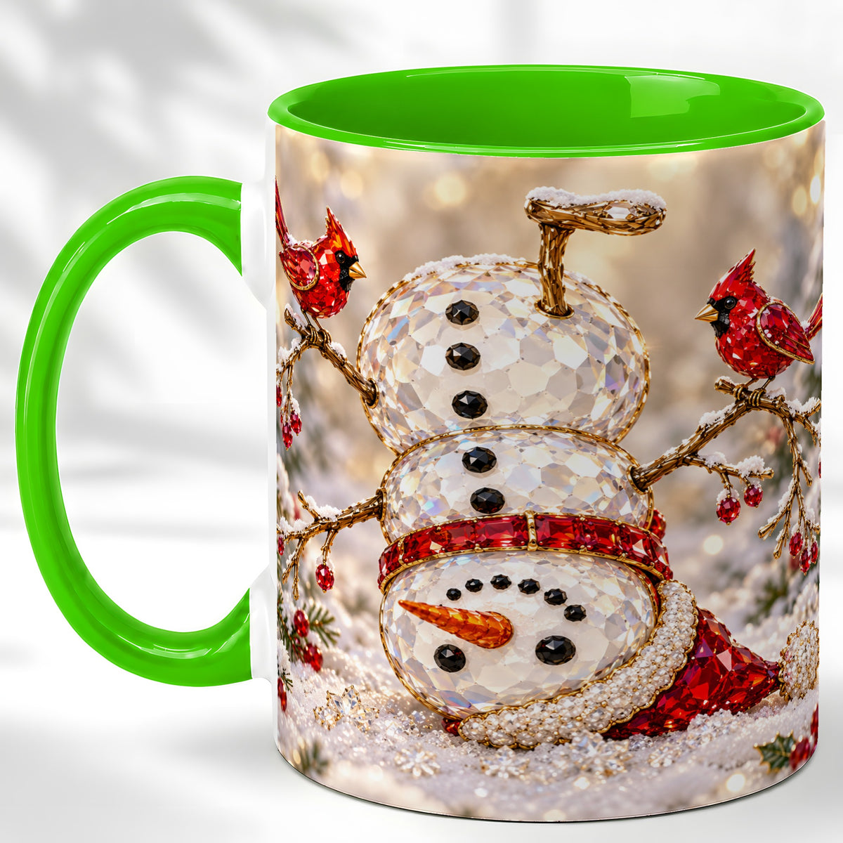 #pl[11oz|Green] Winter Snowman Coffee Mug, Red Cardinal Mug, Ceramic Cup