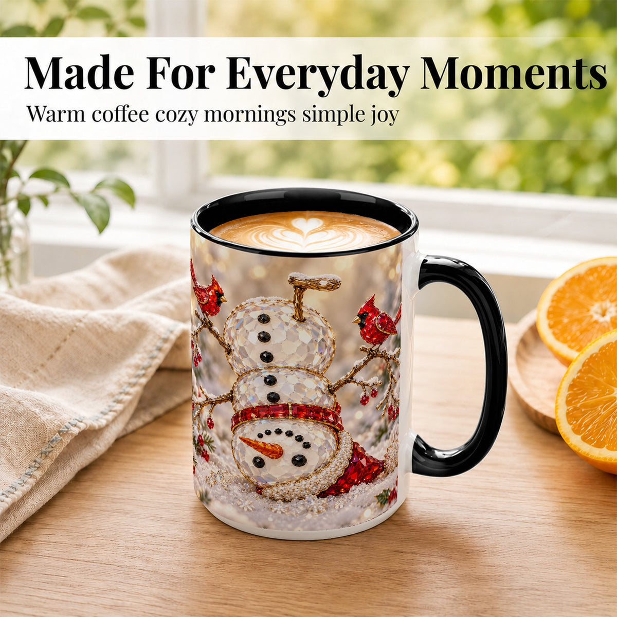 #pl[15oz|Black] Winter Snowman Coffee Mug, Red Cardinal Mug, Ceramic Cup